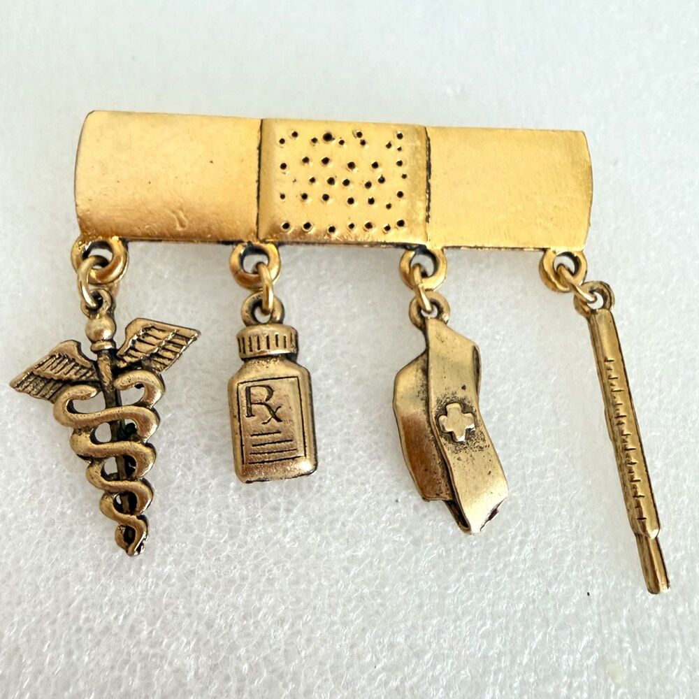 Vintage Gold Tone Medical Nurse Doctor Band Aid Dangle Charm Brooch Pin Descrip